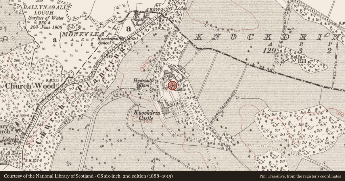 Ordnance Survey six-inch map, 2nd edition (1888–1915) covering the location of Castle - tower house, Knockdrin, County Westmeath, with a pin at the register's coordinates