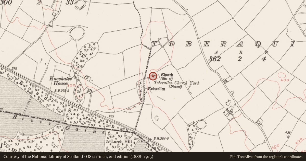Ordnance Survey six-inch map, 2nd edition (1888–1915) covering the location of Churchyard, Toberaquill, County Westmeath, with a pin at the register's coordinates