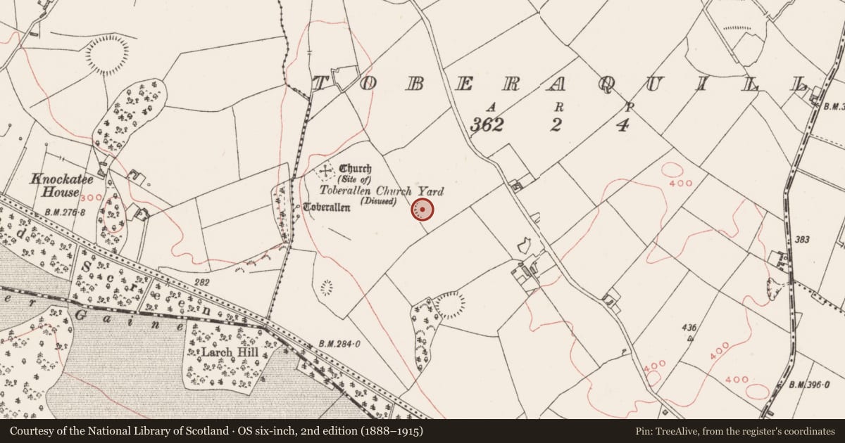 Ordnance Survey six-inch map, 2nd edition (1888–1915) covering the location of Ringfort - rath, Toberaquill, County Westmeath, with a pin at the register's coordinates