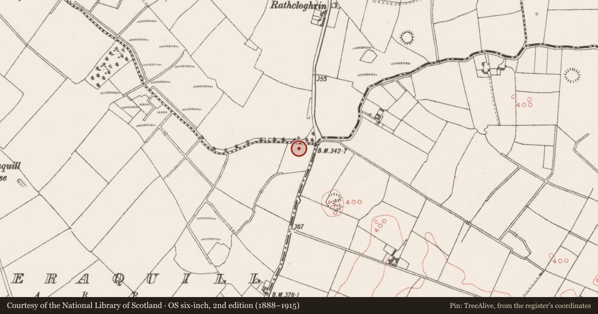 Ordnance Survey six-inch map, 2nd edition (1888–1915) covering the location of Mill - unclassified, Toberaquill, County Westmeath, with a pin at the register's coordinates