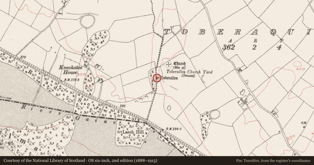 Ordnance Survey six-inch map, 2nd edition (1888–1915) covering the location of Ritual site - holy well, Toberaquill, County Westmeath, with a pin at the register's coordinates