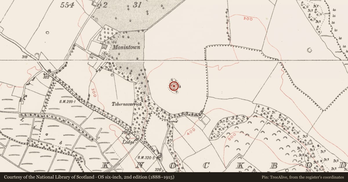 Ordnance Survey six-inch map, 2nd edition (1888–1915) covering the location of Designed landscape feature, Monintown, County Westmeath, with a pin at the register's coordinates