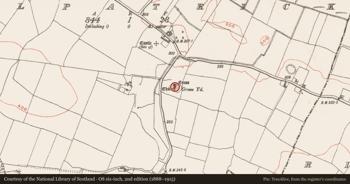 Ordnance Survey six-inch map, 2nd edition (1888–1915) covering the location of Bullaun stone, Kilpatrick, County Westmeath, with a pin at the register's coordinates