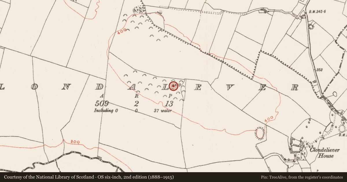Ordnance Survey six-inch map, 2nd edition (1888–1915) covering the location of Barrow - mound barrow, Clondalever, County Westmeath, with a pin at the register's coordinates