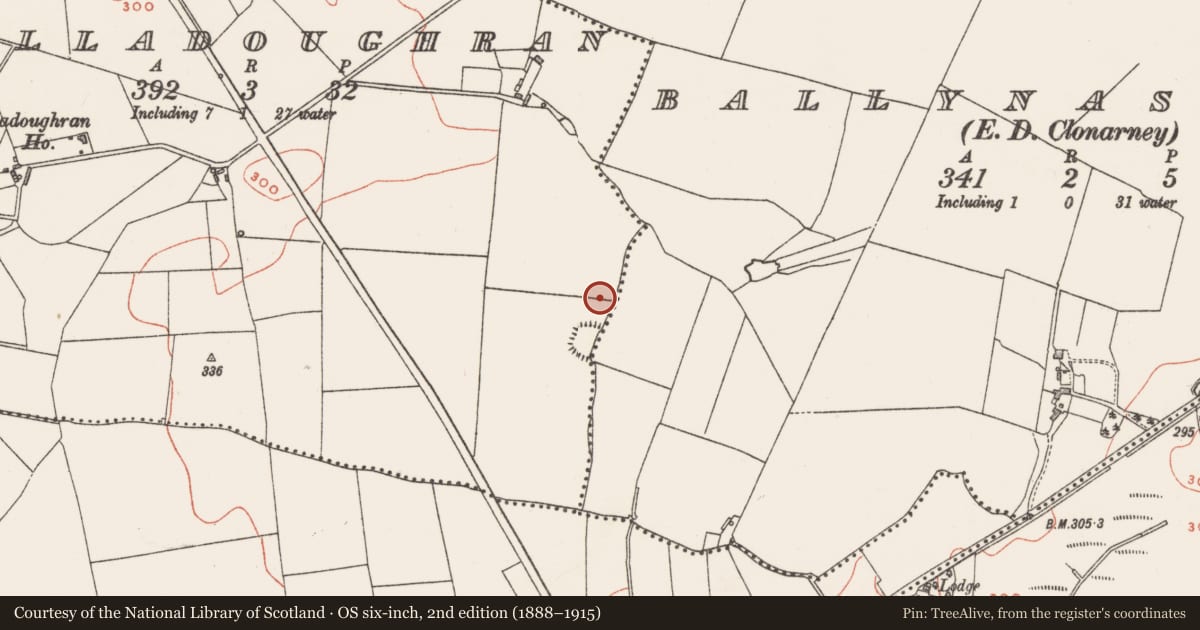 Ordnance Survey six-inch map, 2nd edition (1888–1915) covering the location of Moated site, Killadoughran, County Westmeath, with a pin at the register's coordinates