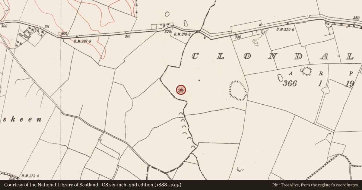 Ordnance Survey six-inch map, 2nd edition (1888–1915) covering the location of Barrow - bowl-barrow, Clondalever, County Westmeath, with a pin at the register's coordinates