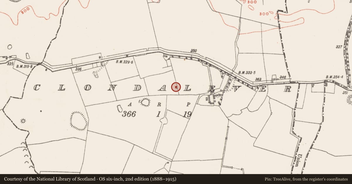 Ordnance Survey six-inch map, 2nd edition (1888–1915) covering the location of Barrow - bowl-barrow, Clondalever, County Westmeath, with a pin at the register's coordinates