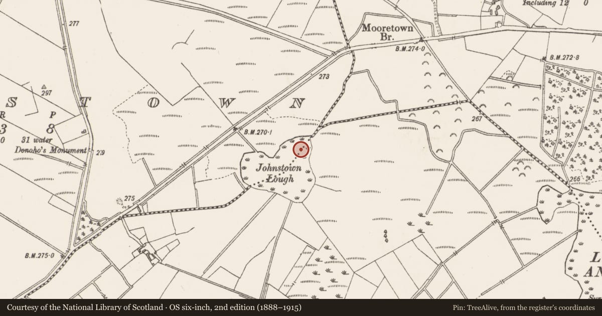 Ordnance Survey six-inch map, 2nd edition (1888–1915) covering the location of Crannog, Johnstown, County Westmeath, with a pin at the register's coordinates