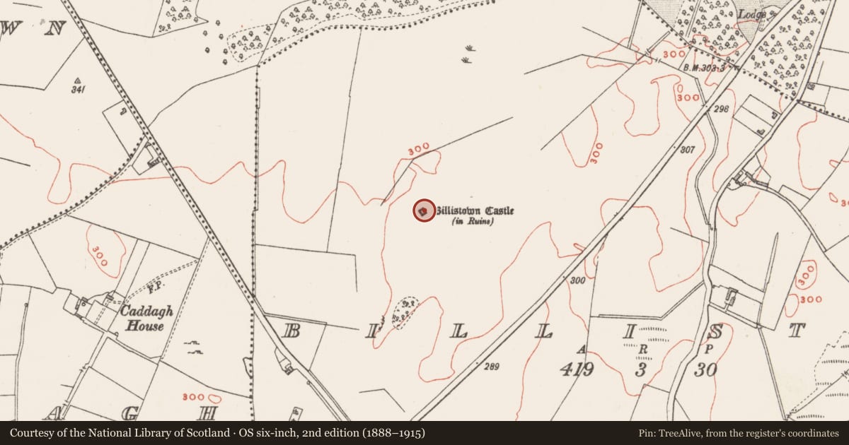 Ordnance Survey six-inch map, 2nd edition (1888–1915) covering the location of Castle - hall-house, Billistown, County Westmeath, with a pin at the register's coordinates