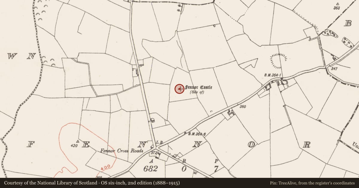 Ordnance Survey six-inch map, 2nd edition (1888–1915) covering the location of Castle - tower house, Fennor, County Westmeath, with a pin at the register's coordinates