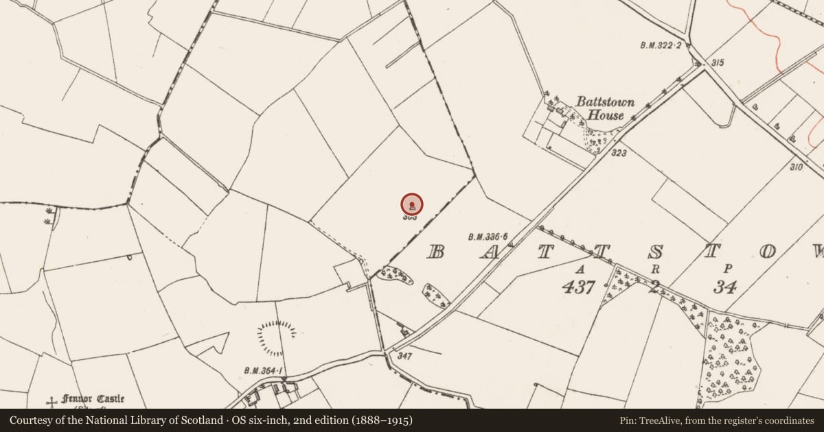 Ordnance Survey six-inch map, 2nd edition (1888–1915) covering the location of Barrow - mound barrow, Battstown, Fennor, County Westmeath, with a pin at the register's coordinates