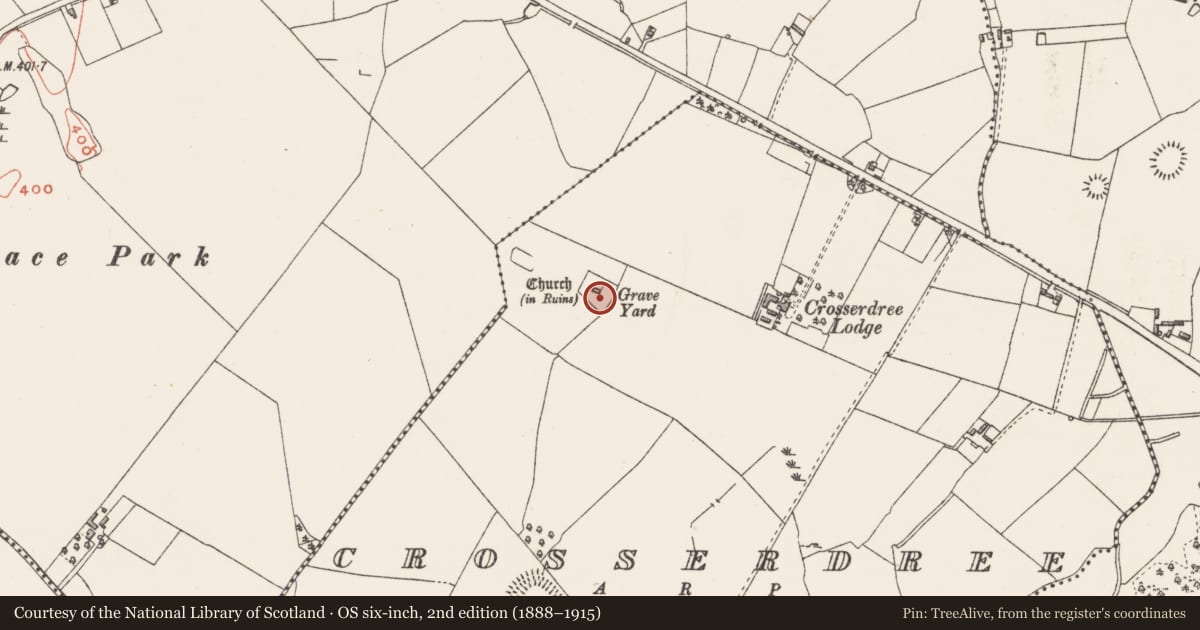 Ordnance Survey six-inch map, 2nd edition (1888–1915) covering the location of Ecclesiastical enclosure, Crosserdree, County Westmeath, with a pin at the register's coordinates