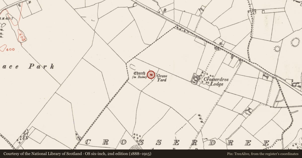Ordnance Survey six-inch map, 2nd edition (1888–1915) covering the location of Font, Crosserdree, County Westmeath, with a pin at the register's coordinates