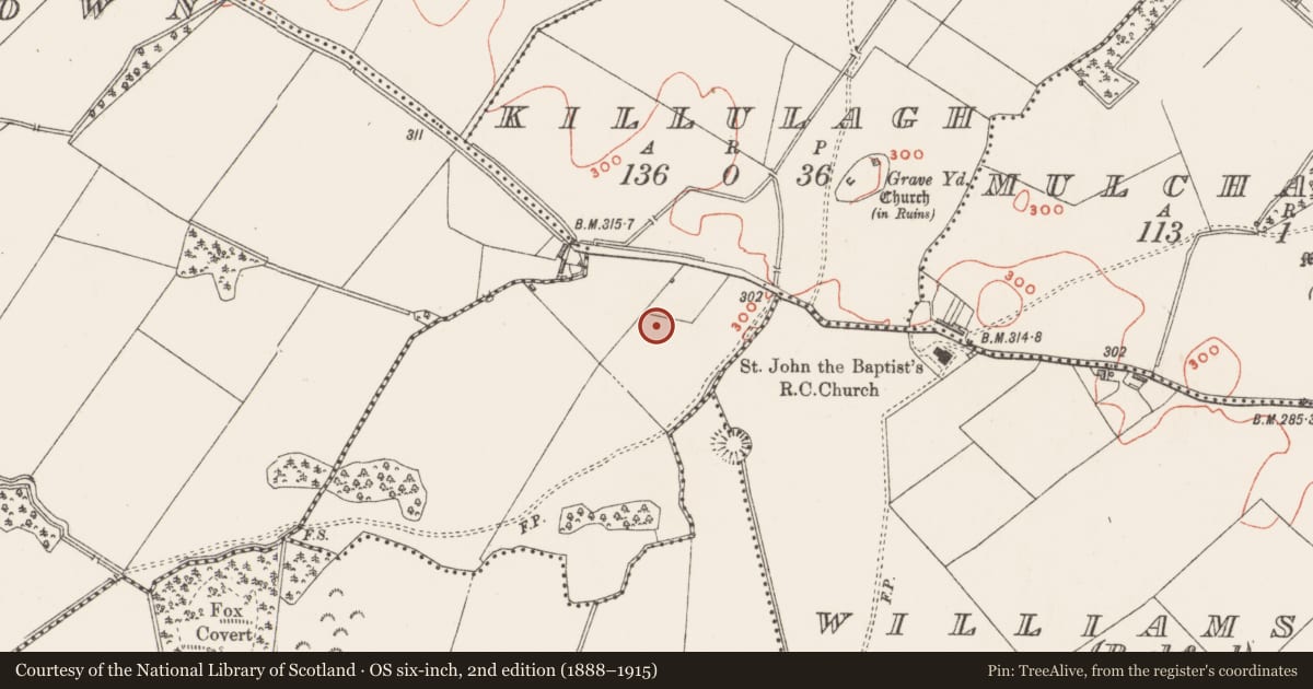 Ordnance Survey six-inch map, 2nd edition (1888–1915) covering the location of Barrow - mound barrow, Killulagh, County Westmeath, with a pin at the register's coordinates