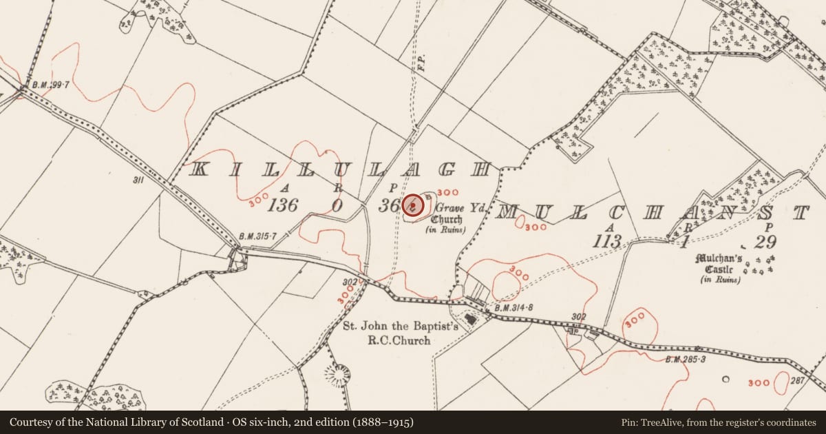 Ordnance Survey six-inch map, 2nd edition (1888–1915) covering the location of Church, Killulagh, County Westmeath, with a pin at the register's coordinates