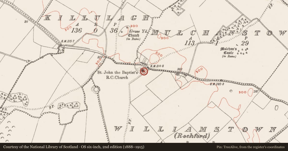 Ordnance Survey six-inch map, 2nd edition (1888–1915) covering the location of Font, Killulagh, Williamstown (Rochford), County Westmeath, with a pin at the register's coordinates
