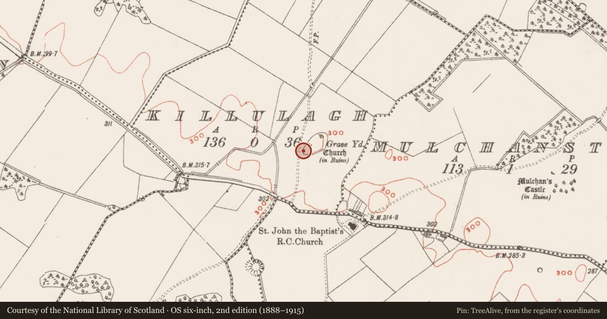 Ordnance Survey six-inch map, 2nd edition (1888–1915) covering the location of Bullaun stone, Killulagh, County Westmeath, with a pin at the register's coordinates
