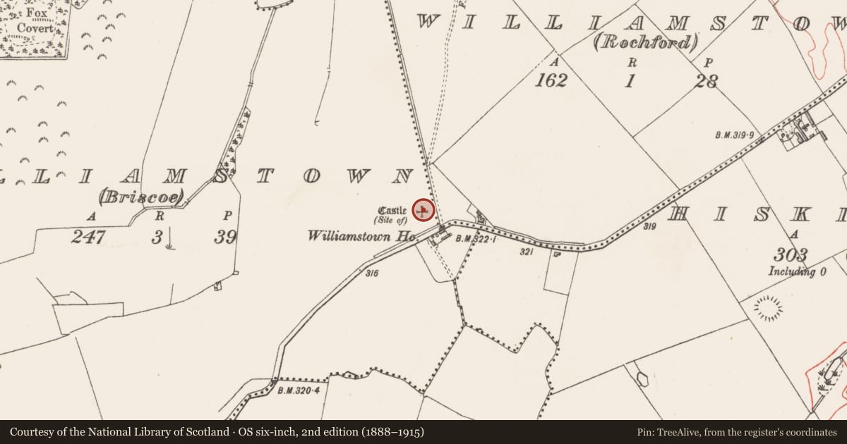 Ordnance Survey six-inch map, 2nd edition (1888–1915) covering the location of Castle - unclassified, Williamstown (Briscoe), County Westmeath, with a pin at the register's coordinates