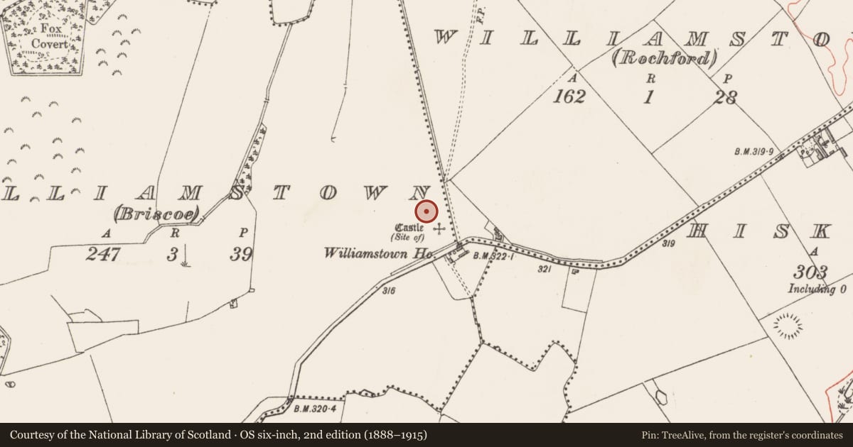 Ordnance Survey six-inch map, 2nd edition (1888–1915) covering the location of Bawn, Williamstown (Briscoe), County Westmeath, with a pin at the register's coordinates