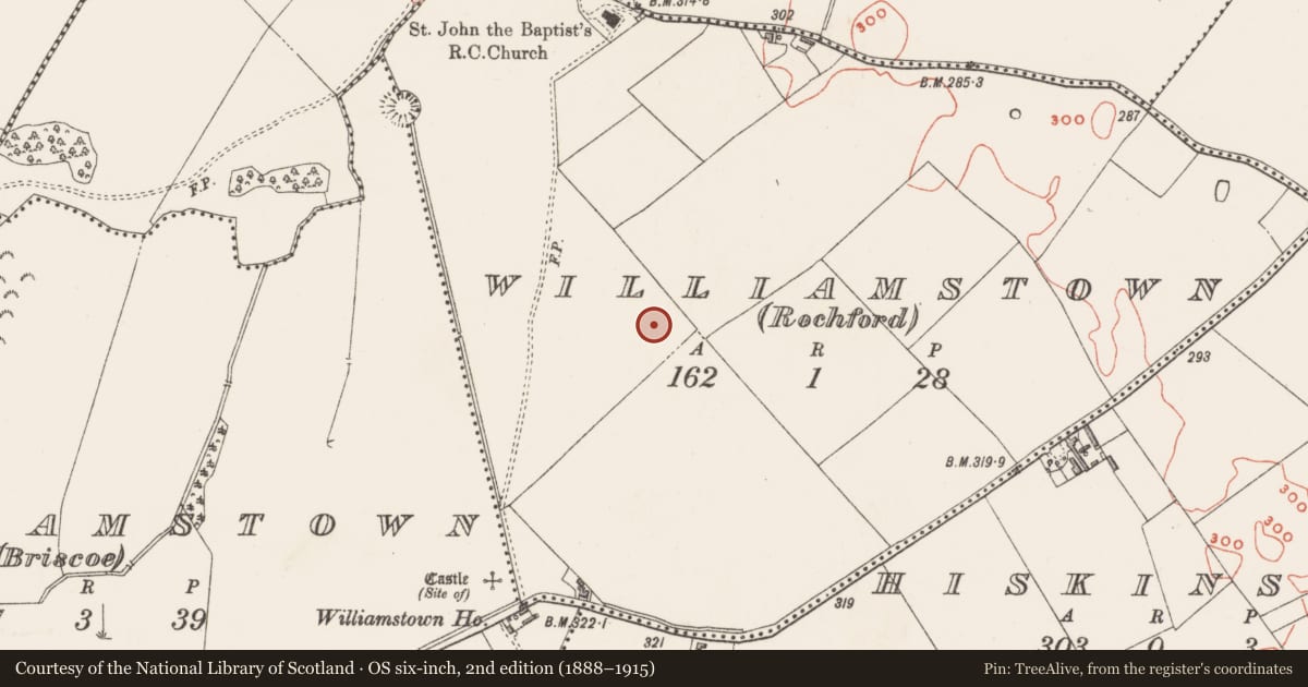 Ordnance Survey six-inch map, 2nd edition (1888–1915) covering the location of Earthwork, Williamstown (Rochford), County Westmeath, with a pin at the register's coordinates