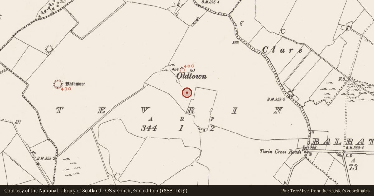 Ordnance Survey six-inch map, 2nd edition (1888–1915) covering the location of Settlement cluster, Tevrin, County Westmeath, with a pin at the register's coordinates