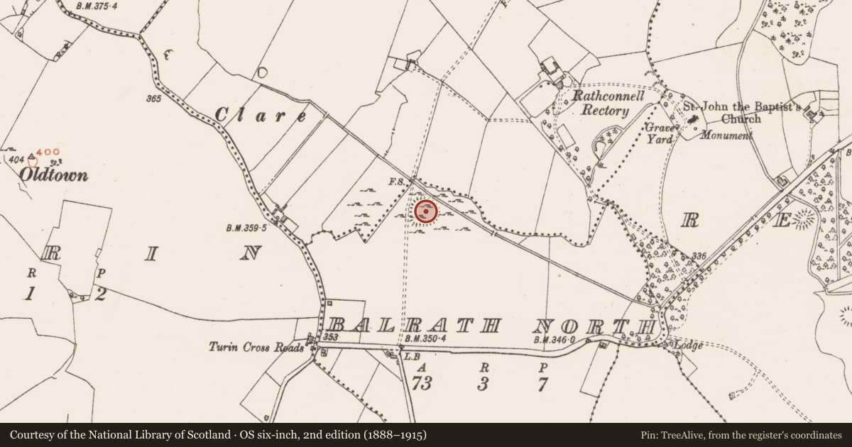 Ordnance Survey six-inch map, 2nd edition (1888–1915) covering the location of Hut site, Balrath North, County Westmeath, with a pin at the register's coordinates