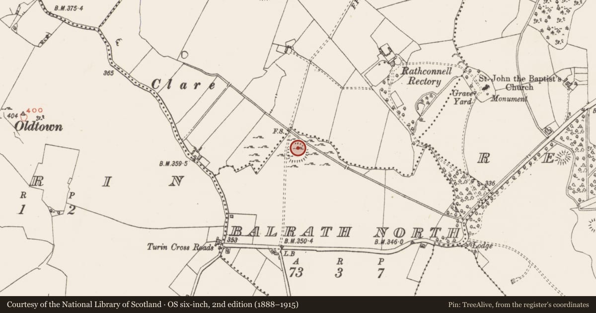 Ordnance Survey six-inch map, 2nd edition (1888–1915) covering the location of Hut site, Balrath North, County Westmeath, with a pin at the register's coordinates