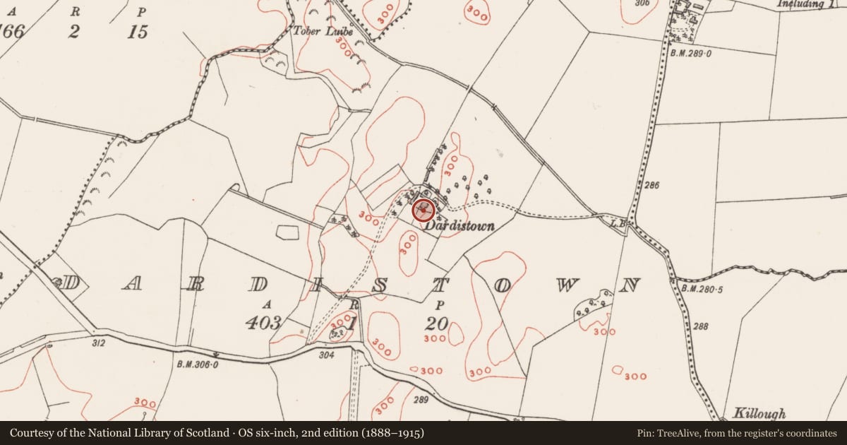 Ordnance Survey six-inch map, 2nd edition (1888–1915) covering the location of Castle - unclassified, Dardistown, County Westmeath, with a pin at the register's coordinates