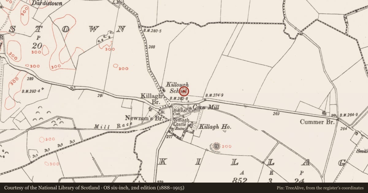 Ordnance Survey six-inch map, 2nd edition (1888–1915) covering the location of Barrow - mound barrow, Killagh, County Westmeath, with a pin at the register's coordinates
