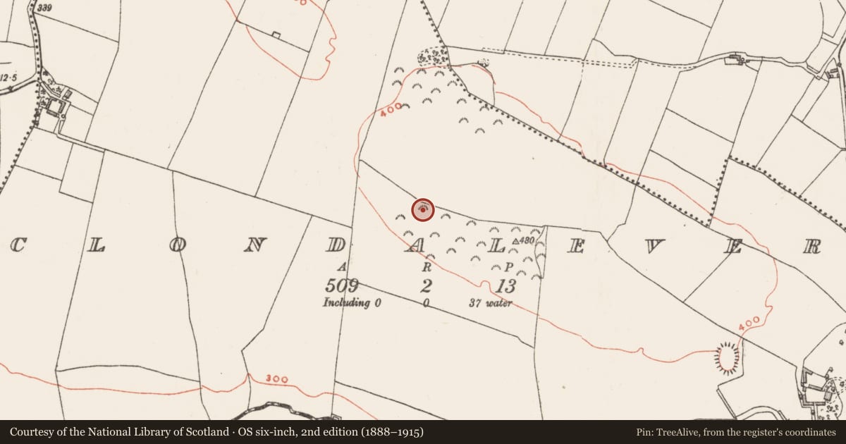 Ordnance Survey six-inch map, 2nd edition (1888–1915) covering the location of Barrow - mound barrow, Clondalever, County Westmeath, with a pin at the register's coordinates