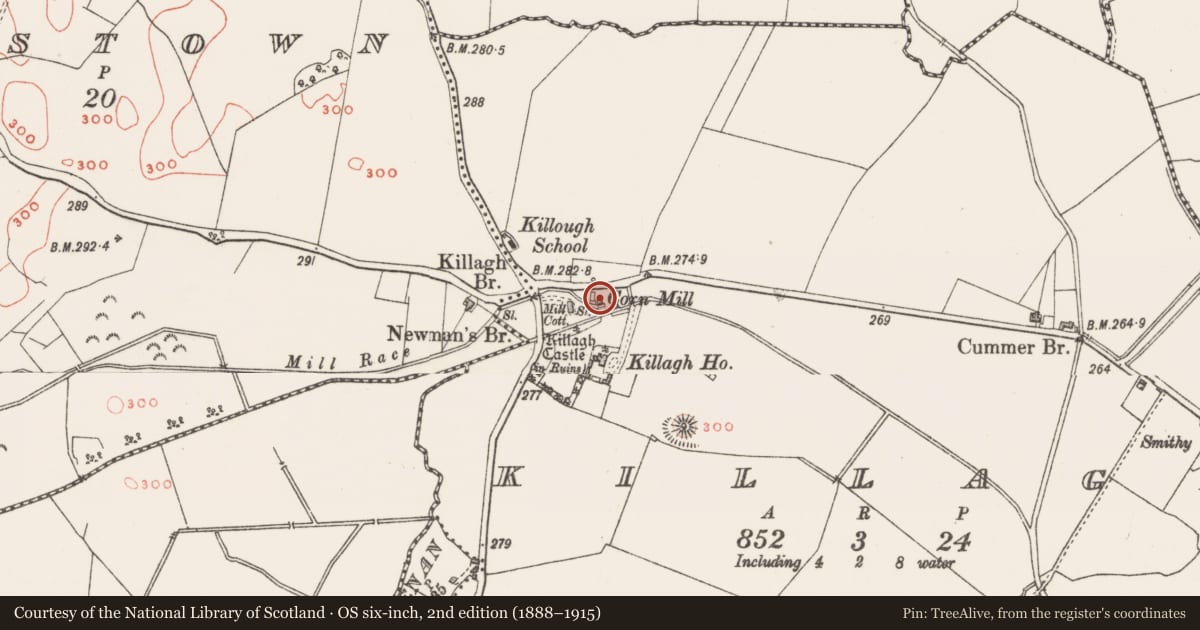 Ordnance Survey six-inch map, 2nd edition (1888–1915) covering the location of Mill - corn, Killagh, County Westmeath, with a pin at the register's coordinates