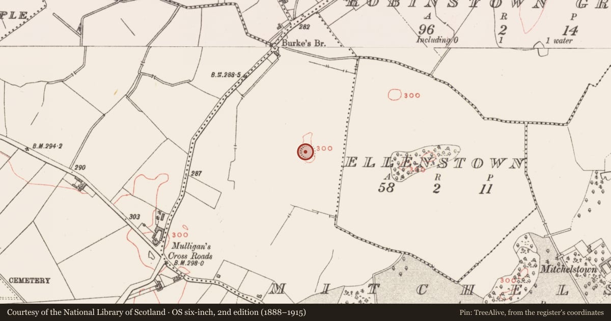 Ordnance Survey six-inch map, 2nd edition (1888–1915) covering the location of Barrow - stepped barrow, Mitchelstown, County Westmeath, with a pin at the register's coordinates