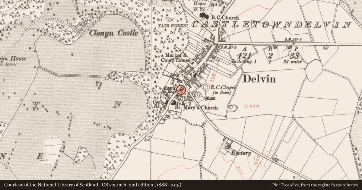 Ordnance Survey six-inch map, 2nd edition (1888–1915) covering the location of Castle - tower house, Castletowndelvin, County Westmeath, with a pin at the register's coordinates