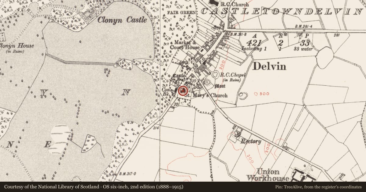 Ordnance Survey six-inch map, 2nd edition (1888–1915) covering the location of Church, Castletowndelvin, County Westmeath, with a pin at the register's coordinates