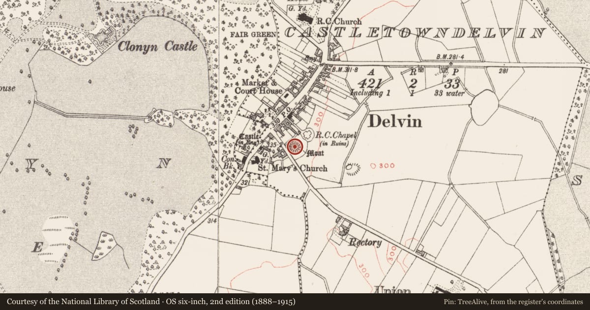 Ordnance Survey six-inch map, 2nd edition (1888–1915) covering the location of Castle - motte, Castletowndelvin, County Westmeath, with a pin at the register's coordinates