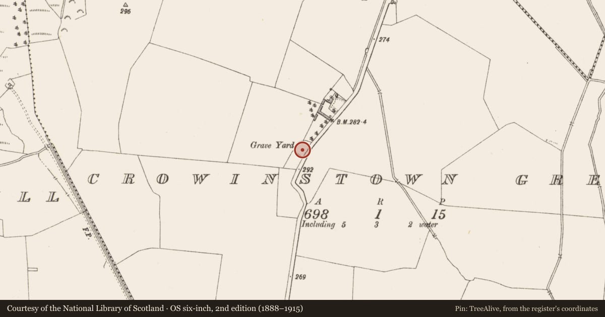 Ordnance Survey six-inch map, 2nd edition (1888–1915) covering the location of Burial ground, Crowinstown Great, County Westmeath, with a pin at the register's coordinates