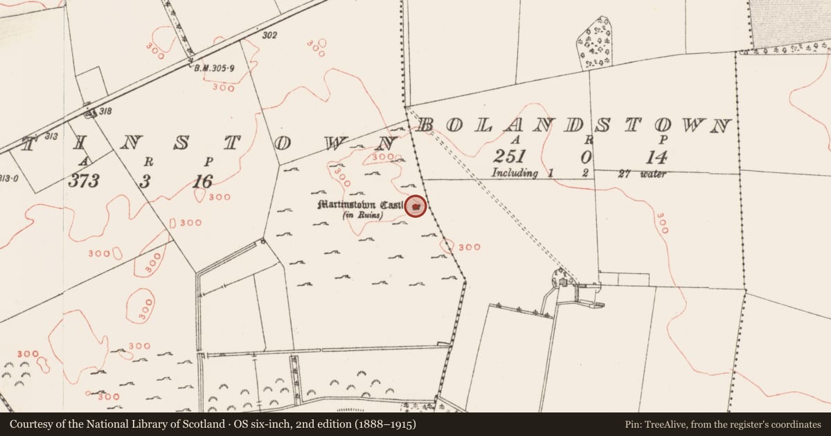 Ordnance Survey six-inch map, 2nd edition (1888–1915) covering the location of Castle - tower house, Martinstown, County Westmeath, with a pin at the register's coordinates