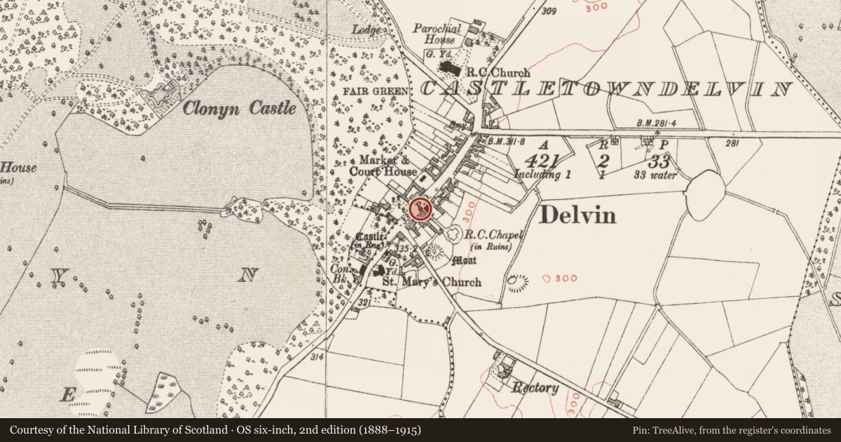 Ordnance Survey six-inch map, 2nd edition (1888–1915) covering the location of Town, Castletowndelvin, County Westmeath, with a pin at the register's coordinates