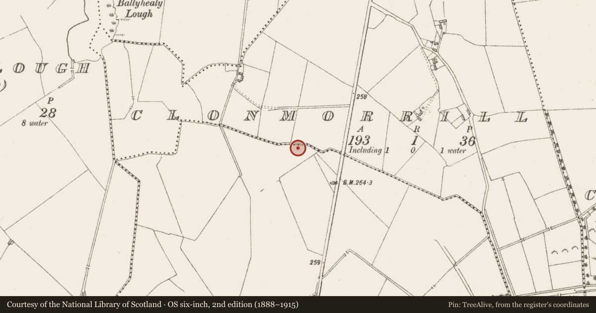 Ordnance Survey six-inch map, 2nd edition (1888–1915) covering the location of Standing stone, Clonmorrill, County Westmeath, with a pin at the register's coordinates