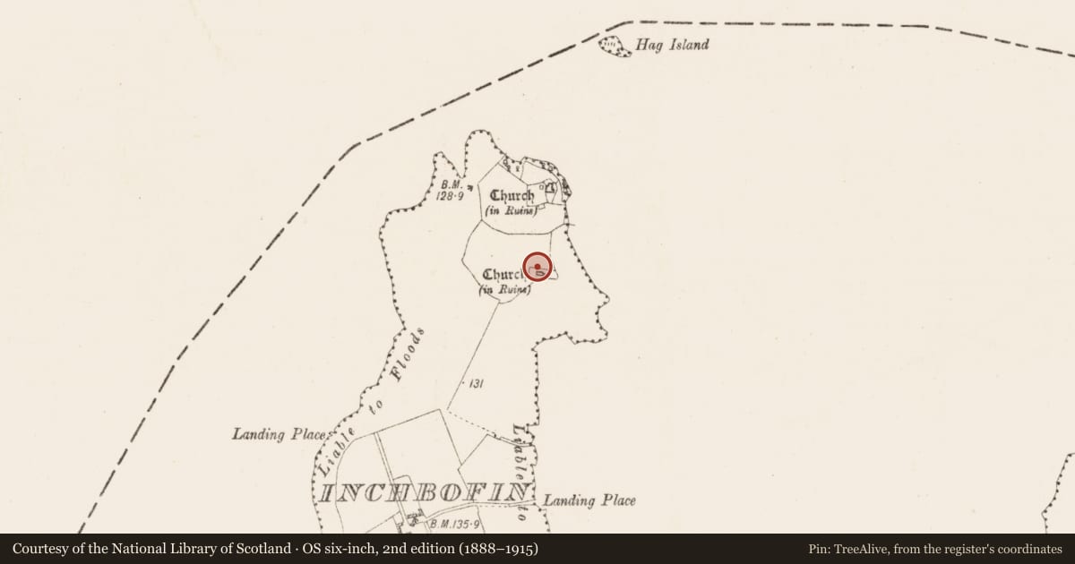 Ordnance Survey six-inch map, 2nd edition (1888–1915) covering the location of Graveyard, Inchbofin, County Westmeath, with a pin at the register's coordinates