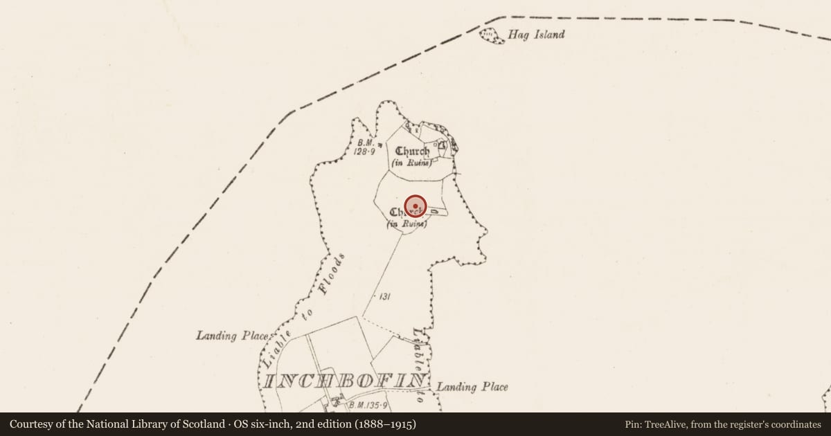 Ordnance Survey six-inch map, 2nd edition (1888–1915) covering the location of Ecclesiastical enclosure, Inchbofin, County Westmeath, with a pin at the register's coordinates