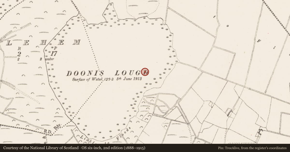 Ordnance Survey six-inch map, 2nd edition (1888–1915) covering the location of Crannog, Doonis, County Westmeath, with a pin at the register's coordinates