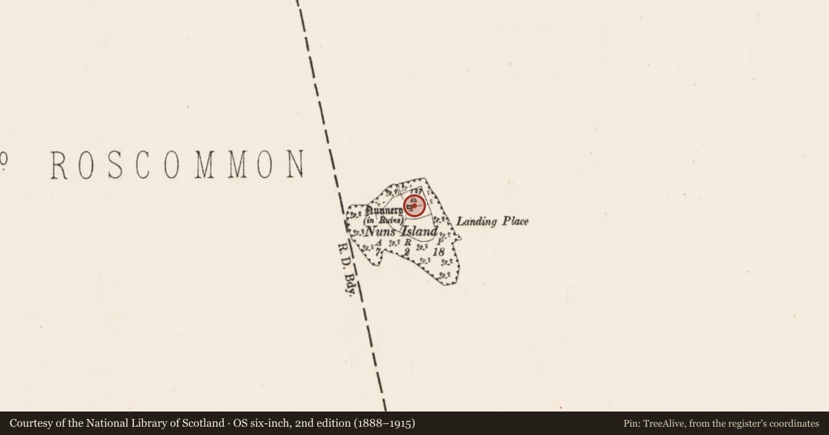 Ordnance Survey six-inch map, 2nd edition (1888–1915) covering the location of Church, Nun'S Island, County Westmeath, with a pin at the register's coordinates