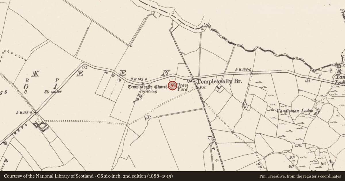 Ordnance Survey six-inch map, 2nd edition (1888–1915) covering the location of Church, Clonkeen, County Westmeath, with a pin at the register's coordinates