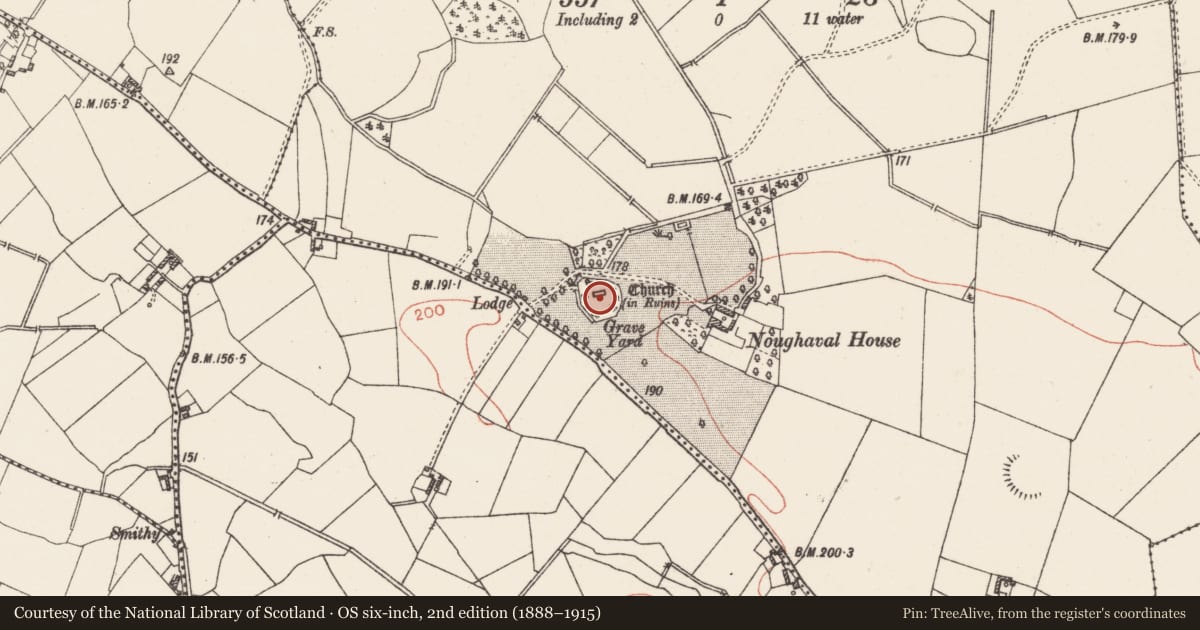 Ordnance Survey six-inch map, 2nd edition (1888–1915) covering the location of Church, Noughaval, County Westmeath, with a pin at the register's coordinates