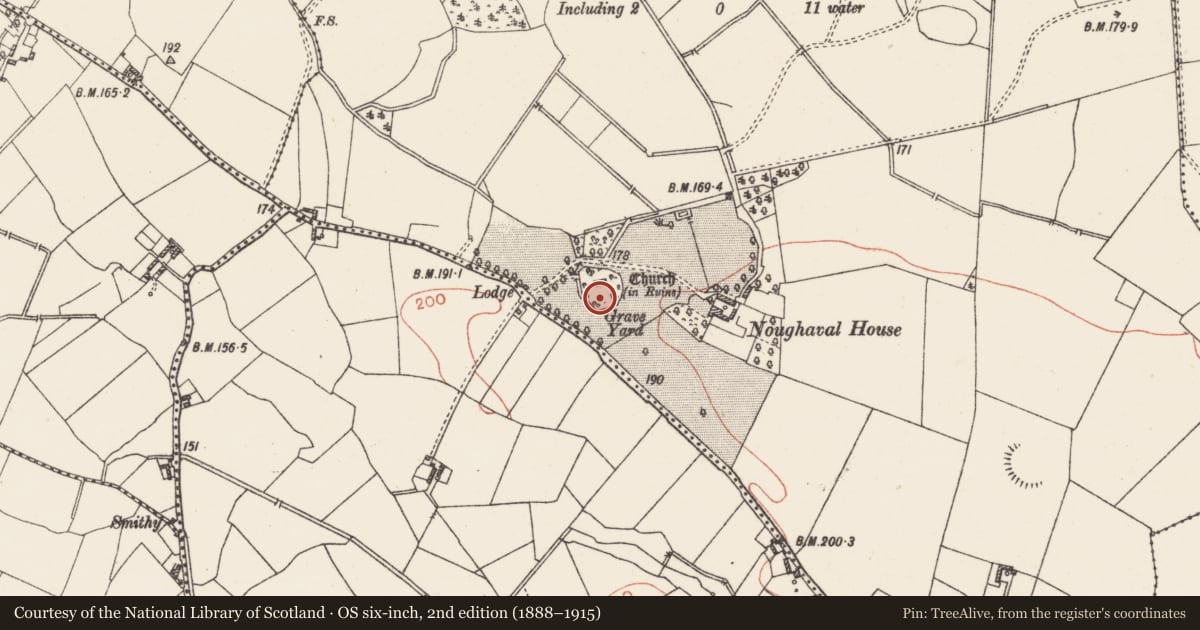 Ordnance Survey six-inch map, 2nd edition (1888–1915) covering the location of Graveyard, Noughaval, County Westmeath, with a pin at the register's coordinates