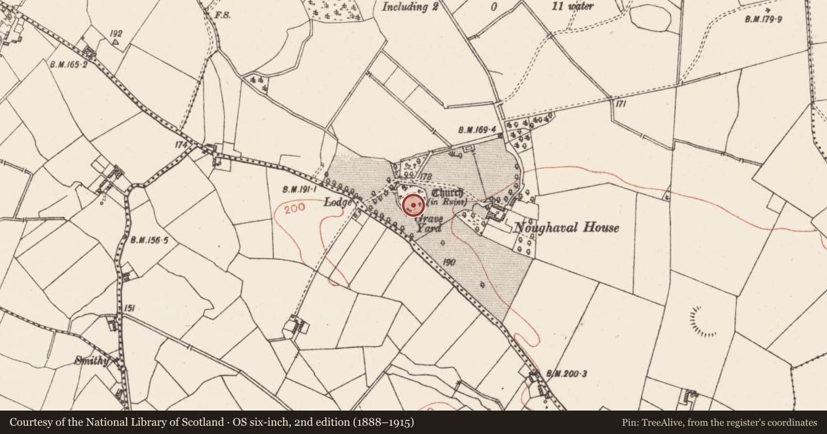 Ordnance Survey six-inch map, 2nd edition (1888–1915) covering the location of Ecclesiastical enclosure, Noughaval, County Westmeath, with a pin at the register's coordinates