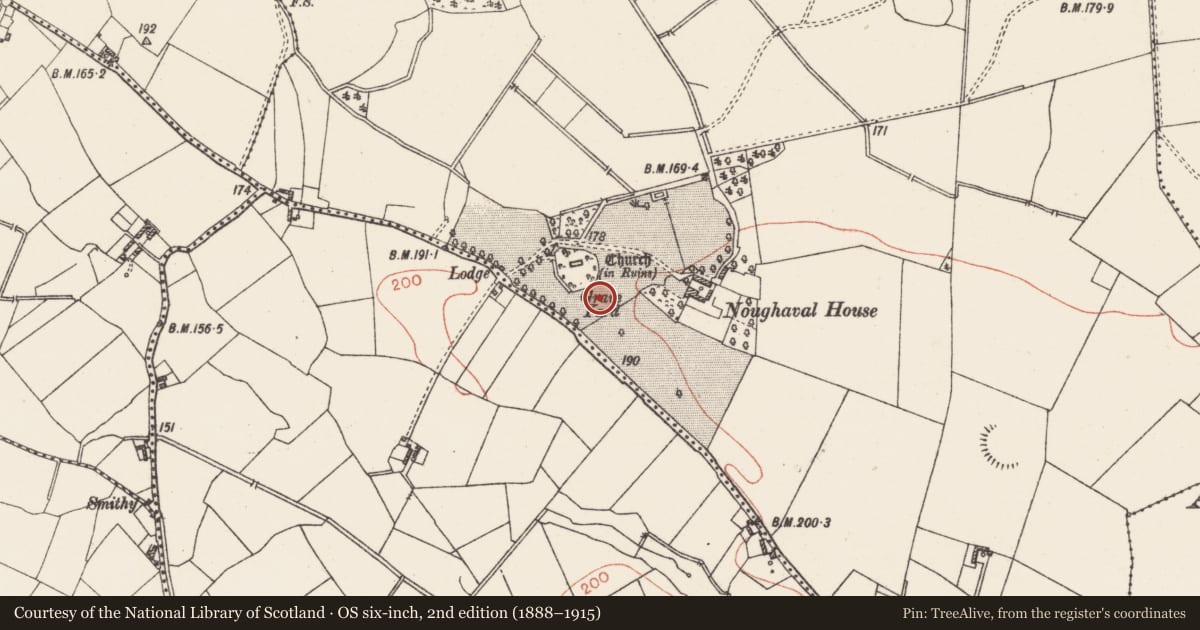 Ordnance Survey six-inch map, 2nd edition (1888–1915) covering the location of Barrow - ring-barrow, Noughaval, County Westmeath, with a pin at the register's coordinates