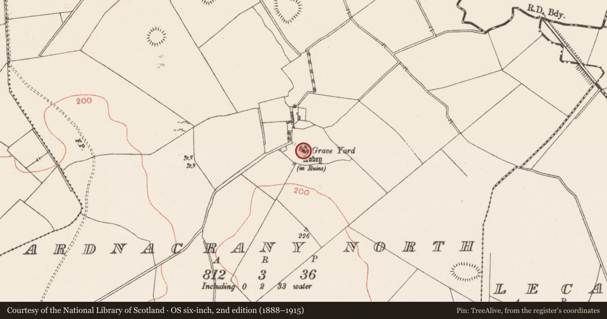 Ordnance Survey six-inch map, 2nd edition (1888–1915) covering the location of Graveyard, Ardnacrany North, County Westmeath, with a pin at the register's coordinates