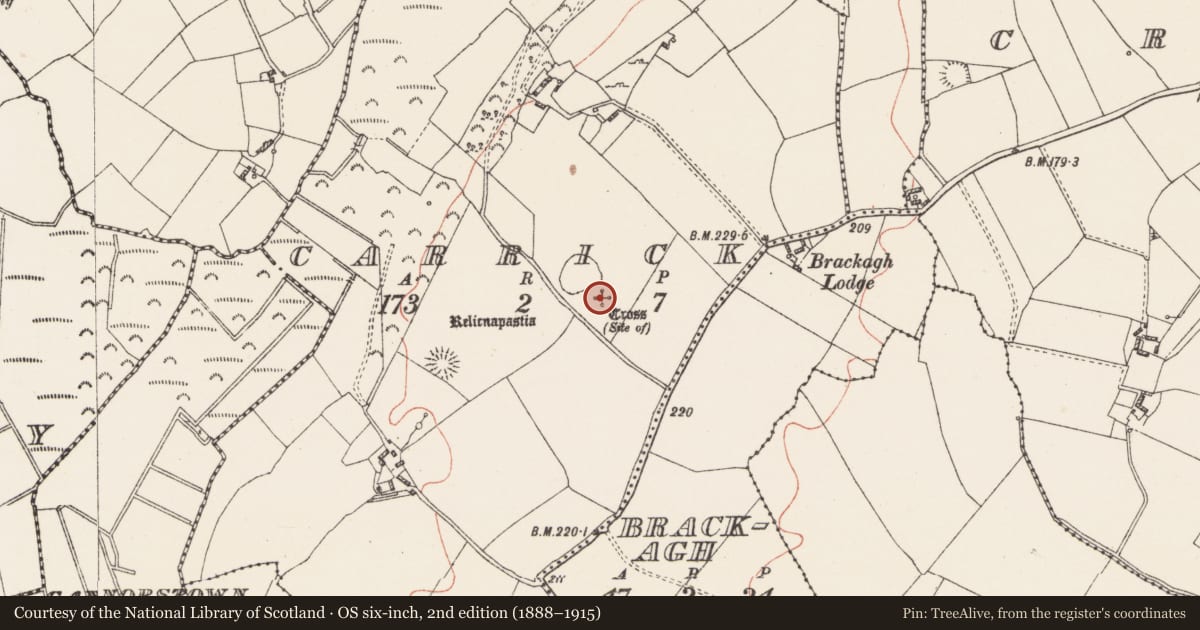 Ordnance Survey six-inch map, 2nd edition (1888–1915) covering the location of Mass-rock, Carrick, County Westmeath, with a pin at the register's coordinates